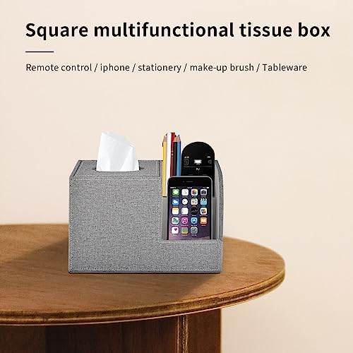 Square Tissue Box Cover Organizer,PU Leather Cube Tissue Box Holder with 2-Compartment Storage Box,Tissue and Remote Control Holder,Decorative Tissue Box Bedroom NightStand Office Tabletop,Grey - Image 4