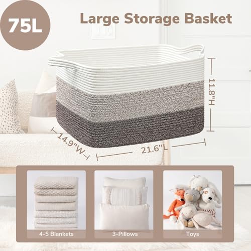 Goodpick Large Woven Rope Blanket Basket, Rectangle, White Brown - Image 3