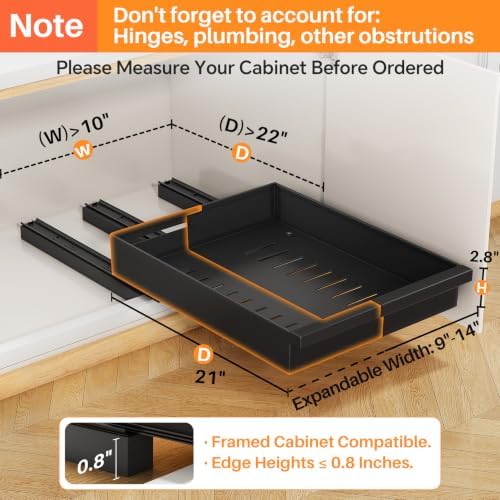 PXRACK Pull out Cabinet Organizer, 2-Pack Expandable(9"-14.2") Silde out Drawers with Raising Pad for Framed Cabinets, Adjustable Full-Extension for Kitchen Pantry Home Pot and Pan, Black - Image 2
