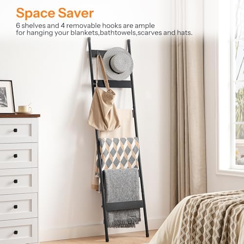 HOOBRO Blanket Ladder, 6-Tier Towel Rack with Hooks, Wall-Leaning Blanket Rack, Decorative Display Ladder Shelf, Scarves, Industrial, Living Room, Bedroom, Black BB66CJ01 - Image 4