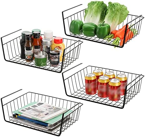Tebery 4 Pack Black Under Shelf Wire Basket, Hanging Storage Baskets Under Cabinet Add-on Storage Racks, Slide-in Baskets Organizer for Kitchen Pantry Desk Bookshelf by Tebery