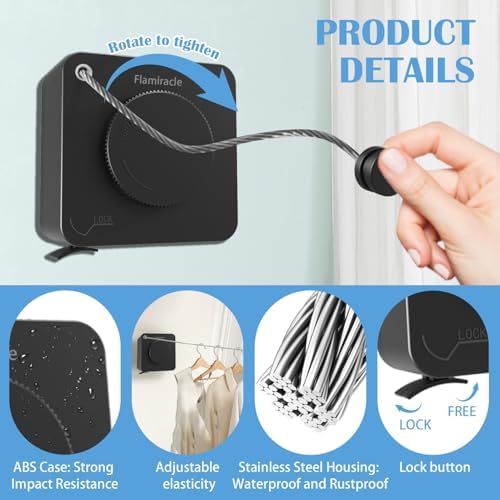 Retractable Clothesline Indoor, Non-Sagging Outdoor Clothes Line Retracting 16.7 Feet Heavy Duty Laundry Line Retractable Wall Mounted Clothes Line Outdoors (Black, Square) - Image 4
