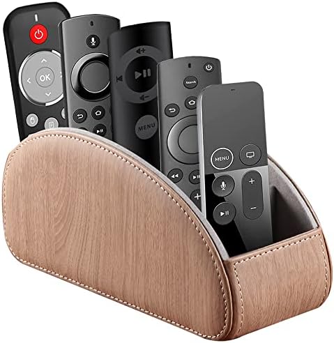 YAPISHI All-in-One Leather TV Remote Control Holder With 5 Compartments Nightstand Desktop DVD Media Player Remote Caddy Storage Box Organizer Tray For Makeup Brush Pen Stationary Table Controllers by YAPISHI