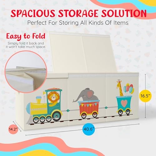 Extra Large Collapsible Sturdy Toy Storage Organizer with Lids, Animal Train Toy Box for Boys Girls, 40"x16"x16", Modern, Beige - Image 2