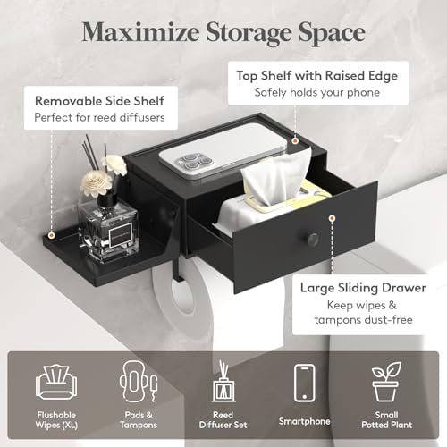 Lifewit Toilet Paper Holder Wall Mount with Shelf & Drawer, Black, 1 Pack - Image 3