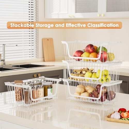 4 Pcs Stackable Wire Baskets for Pantry Organizers and Storage, White - Image 2