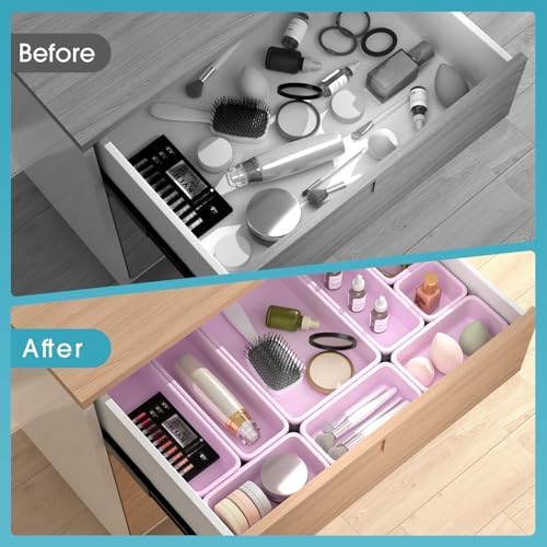 StoreHappily 10 PCS Drawer Organizer Set, 4 Size Makeup Drawer Divider Organizer With Non-Slip Pads, Interlocking Plastic Storage Bins for Office,Jewelry Vanity,Gadgets, Bathroom,Kitchen, Purple - Image 6