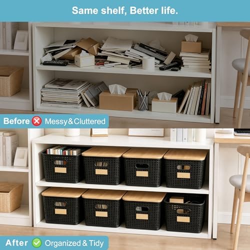 Bagnizer 2 Pack Tall Plastic Storage Bins with Bamboo Lids, 10.8qt Stackable Storages Baskets for Organizing Desktop Closet Playroom Classroom Office, 12"L x 8.3"W x 6.1"H, Black - Image 5
