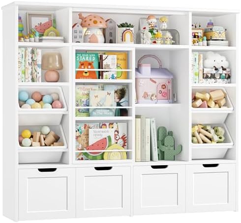 FINETONES Toy Storage with Sliding Bookshelf, Toy Organizer with 4 Bins by finetones