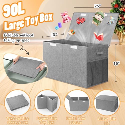 Large Toy Storage Box with Lid & Dividers, Collapsible Kids Toy Chest, Gray - Image 2