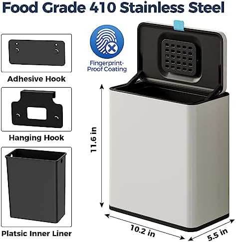 Stainless Steel Hanging Trash Can with Lid and Inner Bucket, 2 Gallon Kitchen Compost Bin for Counter Top, Under Sink or Wall Mount, Small Garbage Can for Cupboard/Bathroom/Bedroom/RV, White - Image 6