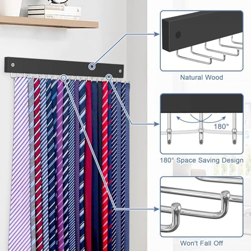 【2 in 1】 Tie Rack Belt Organizer Wall Mounted, Space Saving Tie Hanger for Closet with 20 Storage Hooks, Belt Holder for Closet Organizer Storage - Image 4