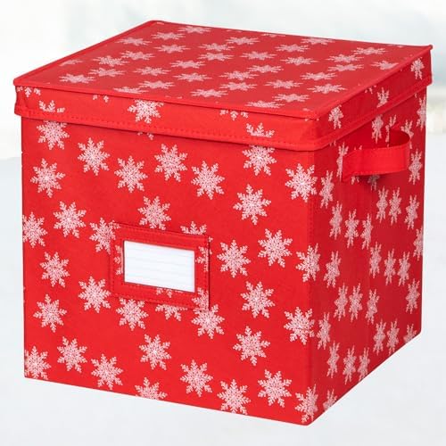 HOLDN’ STORAGE Christmas Ornament Storage Box with Lid - Christmas Decor Storage Containers that Store up to 64 Holiday Ornaments - Red/White Snowflakes - Image 5