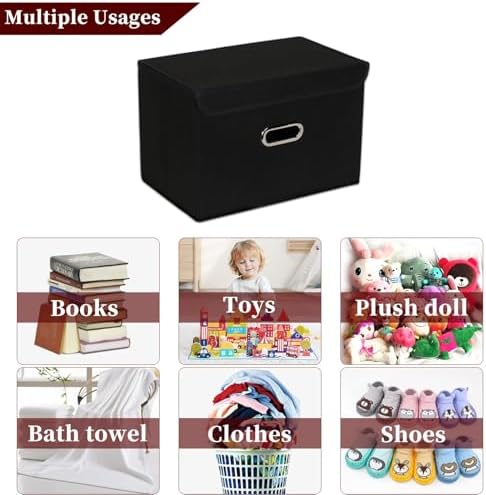 STOREONE Fabric Storage Cube Bins Foldable Organizer Container Collapsible Basket with Lids and Metal Handles, for Home, Bedroom, Closet 6 Pcs (Black) - Image 3