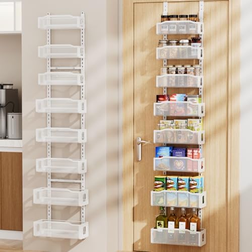 Delamu 8 Tier Over the Door Pantry Organizer, 2in1 Hanging or Wall Mount Spice Rack Seasoning, Adjustable Heavy-Duty Narrow Pantry Door Organizer and Storage for Kitchen Cabinet and Bathroom,12" White by DELAMU