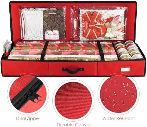 Hearth & Harbor Wrapping Paper Storage Container - Christmas Storage Bag with Interior Pockets - Gift Wrap Organizer Fits Up to 22 Rolls of 40" - Tear Proof, Red - Image 2