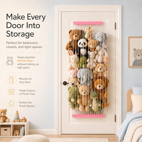 Stuffed Animal Storage Wooden Soft Toy Storage for Kids Room，Wall Mount Door Hanging Stuffed Animal Toy Organizer Shelf for Nursery Play Room Pink -Patent - Image 4