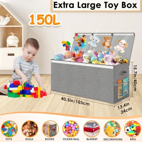150L Extra Large Toy Storage Box with Lid, Foldable Toy Chest Organizer - Image 2