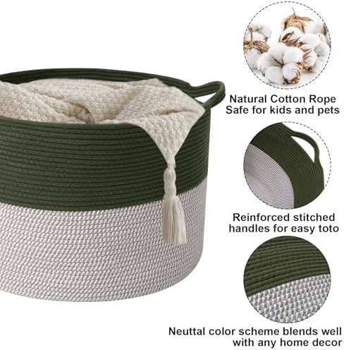 90L Extra Large Blanket Basket,Woven Laundry Basket-Green&White - Image 3