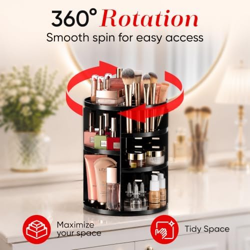Masirs 360 Rotating Makeup Organizer Countertop, Adjustable Shelf, Black - Image 2