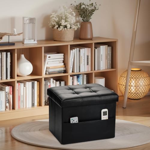 Bsketa Storage Ottoman Bench,16 Inch Folding Leather Foot Rest Stool, Black - Image 7