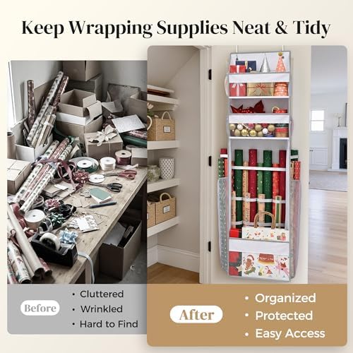 Wrapping Paper Storage Organizer – Over The Door Hanging Gift Wrap Holder for 15-30" Rolls, Space Saving Closet Organizer for Christmas, Halloween, Birthday with Side Mesh Pockets White - Image 2