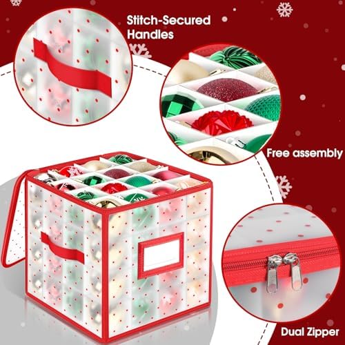 BlessedSeason Christmas Ornament Storage Box with Adjustable Dividers, Store up to 64 3-inch or 36 4-inch Christmas Ornaments, Plastic Xmas Storage with Zippered Closure & Two Handles - Image 6