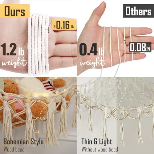 Stuffed Animal Hammock 75LEDs, 20 Colors Warm White 55in Extra Large Storage Macrame Hammock with Remote, USB Powered Hanging Plush Animal Net for Kids Bedroom Doll Room Corner Organizer(XL) - Image 5