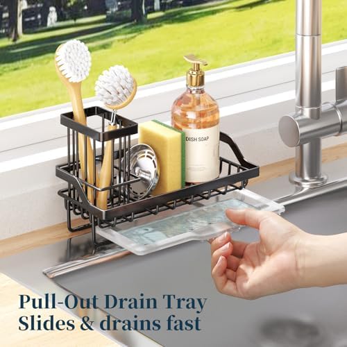Consumest Sponge Holder for Kitchen Sink - Kitchen Sink Caddy Organizer with Removable Drip Tray for Countertop Dish Soap Dispenser Brush Storage Accessories 304 Stainless Steel - Black - Image 5