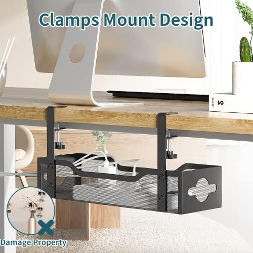 Under Desk Cable Management Tray No Drill, Metal Mesh Cable Management Under Desk with Clamp Mount, 2 Hole Cable Tray with Wire Management and Cord Organizer for Home Office Standing Desk - Image 2
