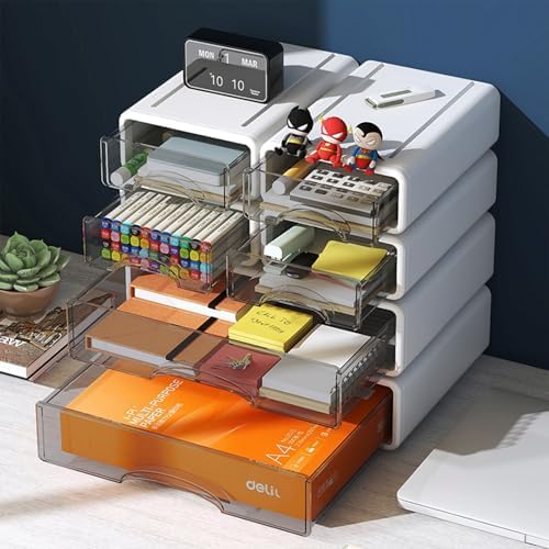Desk Organizer with Drawers, Stackable Storage Drawers with Compartments Desktop Organization for Office Supplies, Makeup, Pencils, Tape, Erasers, Paperclips, Chargers (4 Pack White) - Image 4