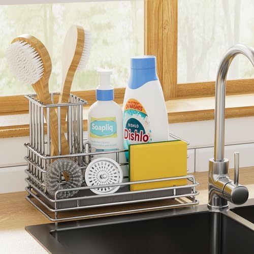 Yofidra Kitchen Sink Caddy with Instant Drying Stone, Metal Stainless Steel Dish Sponge Holder Basket for Sponges, Scrubbers, Soap, 9.5" X 5.5" X 5.7" Sink Box Organizer - Image 4