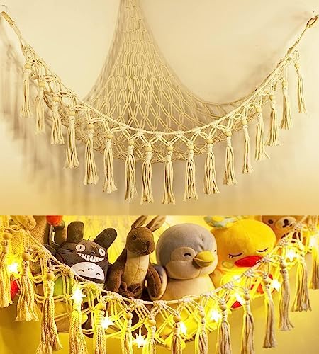 Stuffed Animal Toy Storage Hammock with LED Light - Macrame Jumbo Doll Corner Stuff Animals Organizer Decorations - Cute Hanging Plushie Net Kids Baby Nursery Bedroom Room Decor by TCGPRO