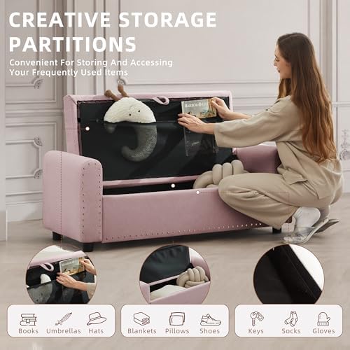 48" Ottoman with Storage, Tufted Storage Ottoman Bench, Convenient Living Room Fabrics Bench Seat, Entryway Shoe Benches with Inner Zipper & Arm, Upholstered Window Seat Ottomans with Rivets,Pink - Image 4