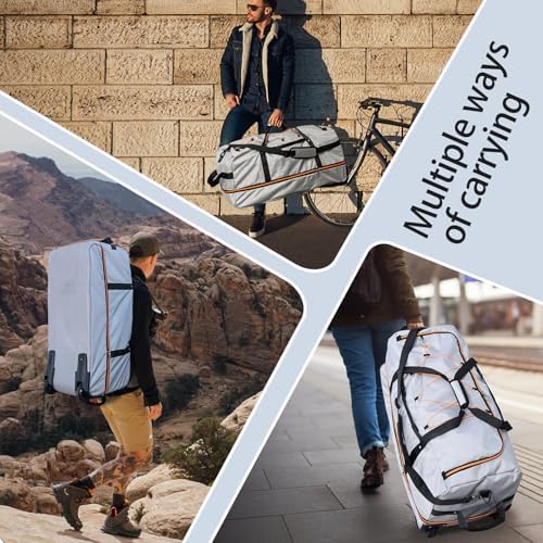110L Expandable to 140L 32” Foldable Oxford Soft-Sided Rolling Duffle Bag with 2 Heavy-Duty Wheels, 2 Large Compartments, Adjustable Shoulder Strap and Attached Organizer Pouch,Grey - Image 6