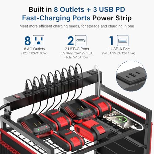 JUNNUJ Power Tool Charging Organizer Cart, 8 Outlet 3 USB, 6 FT Cord, Red - Image 2
