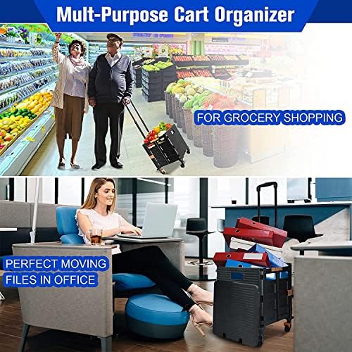 Utility Cart Folding Portable Rolling Crate Handcart with Lid Durable Heavy Duty Plastic Telescoping Handle Collapsible 360 Degree Rotate Wheels for Travel Shopping Moving Luggage Office Use,Black - Image 7
