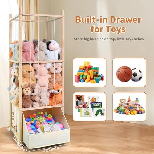 Stuffed Animal Storage with Tiny Toys Tray, Wood Stuffed Animal Zoo Storage with Brake Wheels, Space-Saving Plushie Playhouse for Nursery, Playroom, Kids Bedroom- Easy Assembly - Image 5