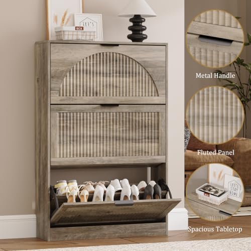 Fluted Shoe Storage Cabinet for Entryway, 3 Flip Drawers, Grey - Image 5