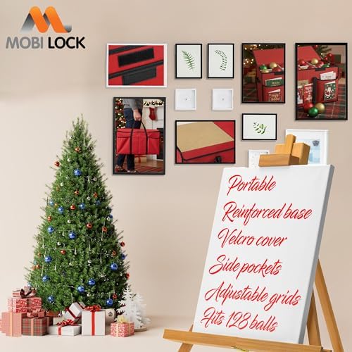 Christmas Ornament Storage Box with Dividers & Pockets - Holiday Ornament Organizer Bag - Holds 128 Balls - Durable Red Fabric Container with Handles - Foldable Xmas Decorations Storage - by Mobi Lock - Image 6