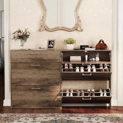 VINGLI Set of 2 Washed Grey Shoe Cabinet for Entryway, 2-Pack 31.5" W Extra Wide Slim Shoe Organizer with 2 Flip & 1 Drop-Down Drawers, Modern Gray Wood Shoes Rack, Narrow Cabinet for Hallway by VINGLI