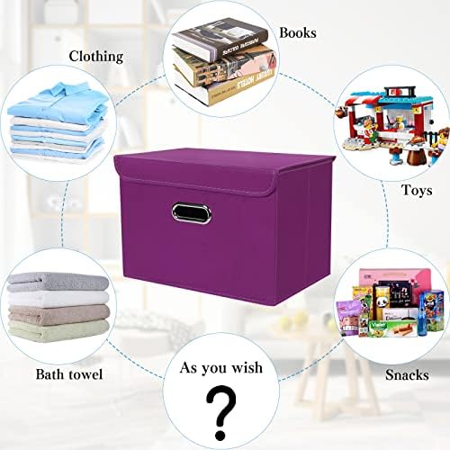 STOREONE Fabric Storage Cube Bins Foldable Organizer Container Collapsible Basket with Lids and Metal Handles, for Home, Bedroom, Closet 3 Pcs (Purple) - Image 3