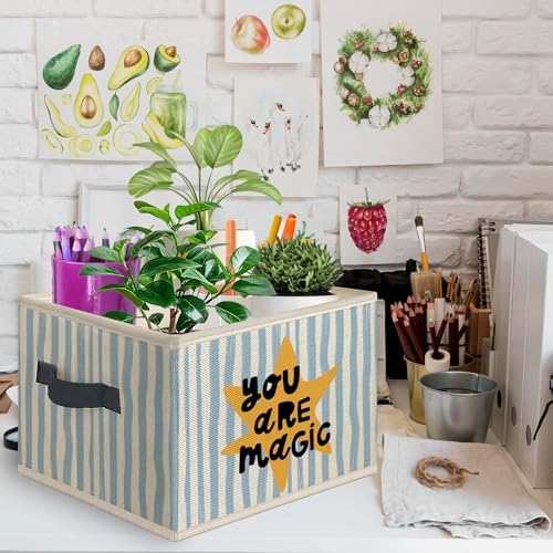 Boho Nursery Foldable Storage Bins Box with Handles, You Are Magic Retro Blue Striped Collapsible Toys Books Clothes Organizer Basket for Kids Nursery Room Bedroom Bathroom Classroom - Image 2