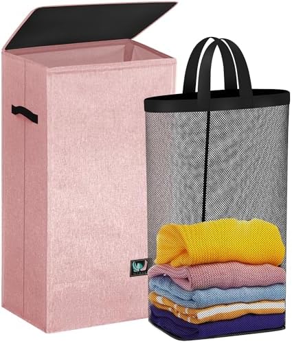 WTREE Laundry Hamper with Lid, Reinforced Sturdy Clothes Hamper with Anti-Puncture Base, Large Collapsible Laundry Basket with Removable Liner Bag, Tall Dirty Clothes Bin for Family, 100L Pink by WTREE