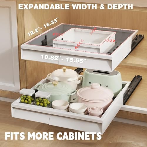 Seinloes Pull Out Cabinet Organizer, 4-Side Expandable to Fit Most Cabinets, 3 Rail Slide Out Drawers with Raising Pad for Framed & Frameless Cabinets, 11"-16" W x 13"-17" D, White, 2 Pack - Image 2