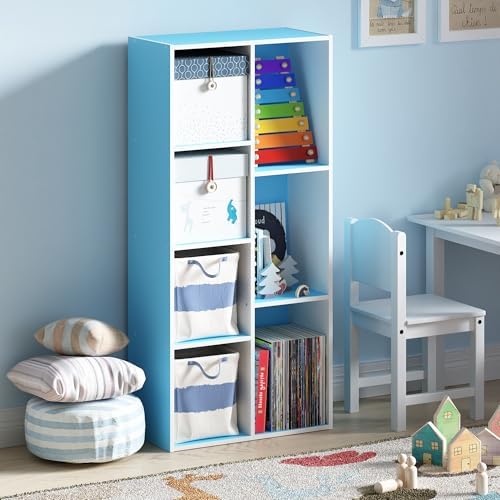 Furinno LUDER 7-Cube Book Shelf, Kids Bookshelf, Toy Storage, White/Blue - Image 4