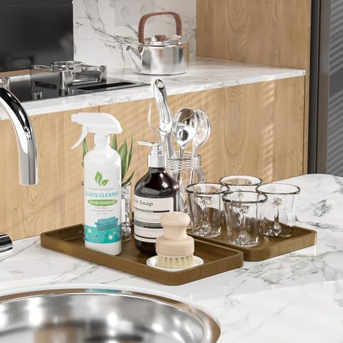Weenson Bathroom Vanity Tray for Countertop Makeup Jewelry Perfume Decor Candle, Bamboo Kitchen Tray for Soap Dispenser Spice Salt Oil, Brwon Tray for Toilet Tank Coffee Nightstand Set of 2 - Image 5