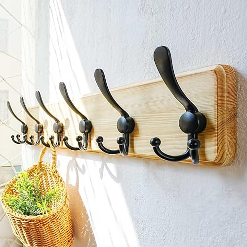 Dseap Coat Rack Wall Mounted - 24" Long 6 Tri Hooks, Heavy Duty Wooden Wall Coat Hanger Coat Hook for Clothes Hat Jacket Clothing, Weathered Light Natural and Black - Image 2