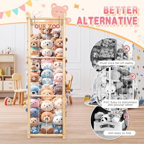 Stuffed Animal Storage - Tall Natural Pine Wood Toy Organizer with Elastic Cords & Shelf, Space-Saving Plushie Playhouse for Nursery, Playroom, Kids Bedroom - Easy Assembly - Image 4