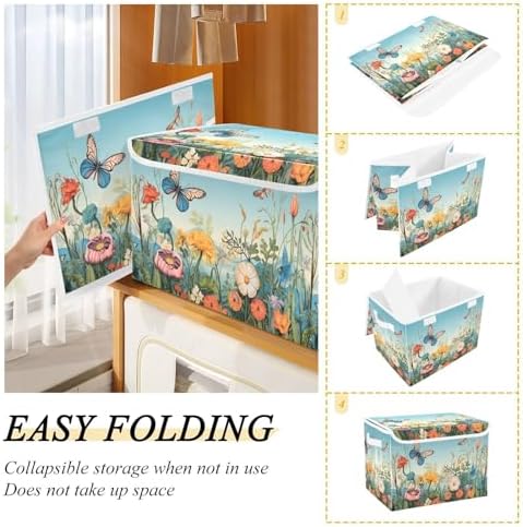Colorful Flower Pattern Storage Bins with Lids and Carrying Handle,Foldable Storage Boxes Organizer Containers Baskets Cube with Cover for Home Bedroom Closet Office - Image 4